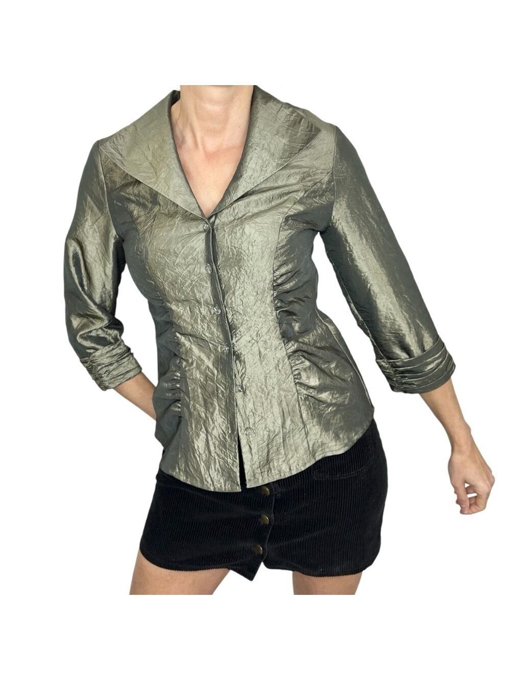 PULI shimmery green shawl collar 3/4 special occasion top blouse 4